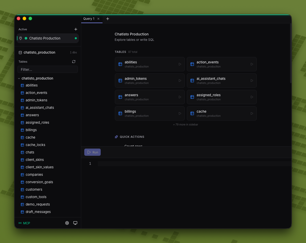 Queryline connection overview showing database tables and quick actions