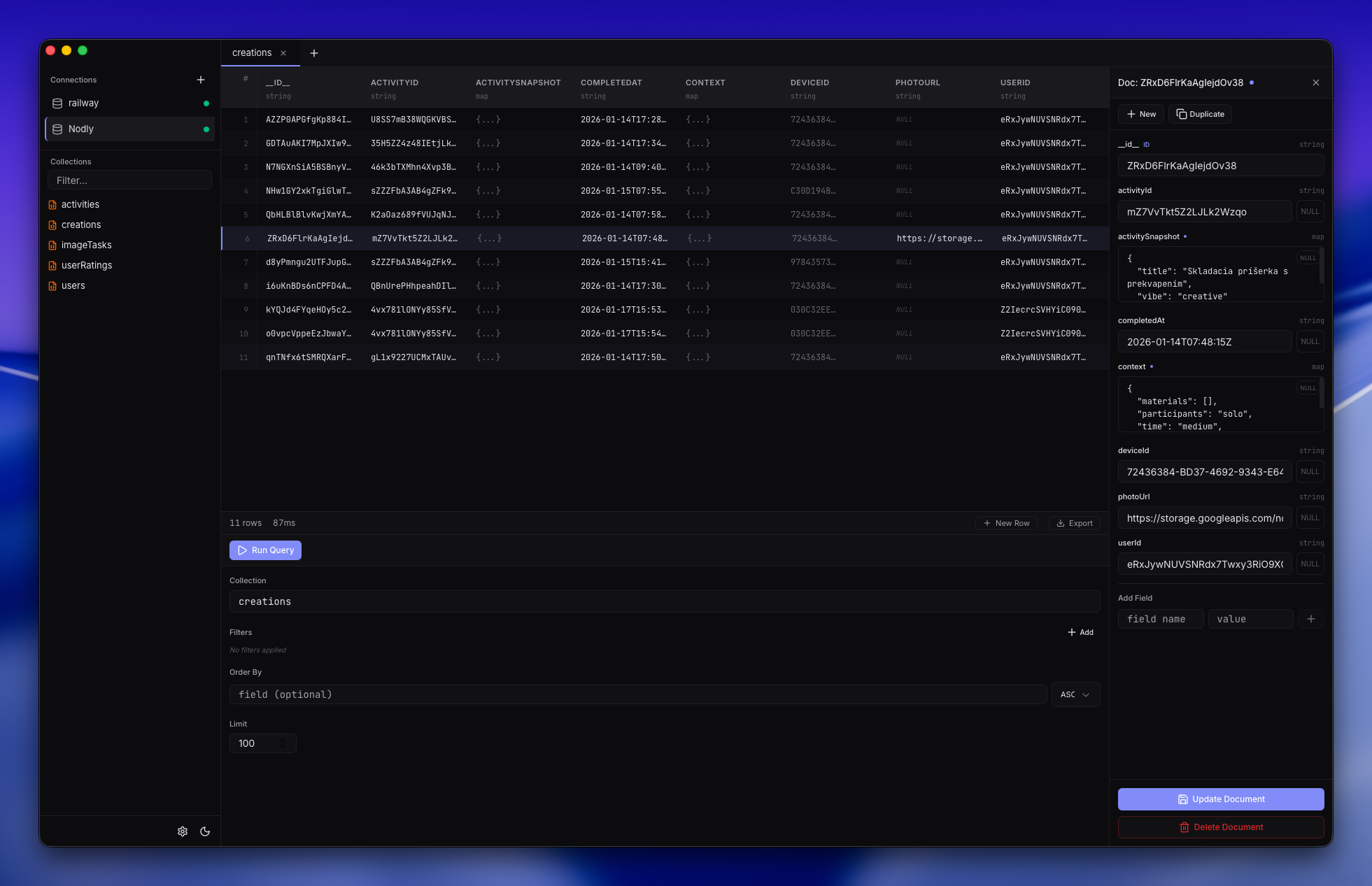 Queryline connected to Firestore showing collection data in a table view
